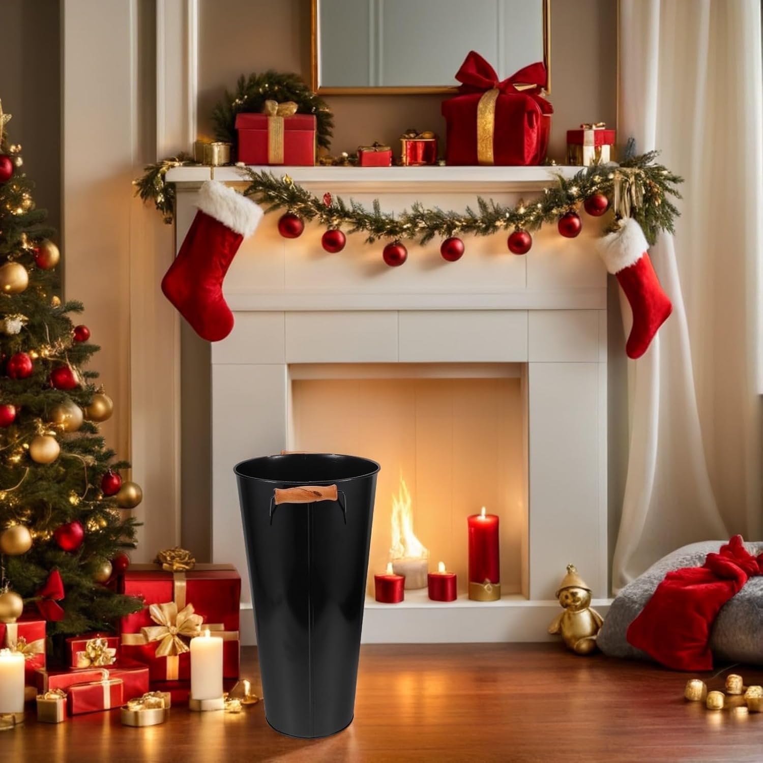 Firewood 40cm with Handle Bucket Holder Iron Round Black Indoor