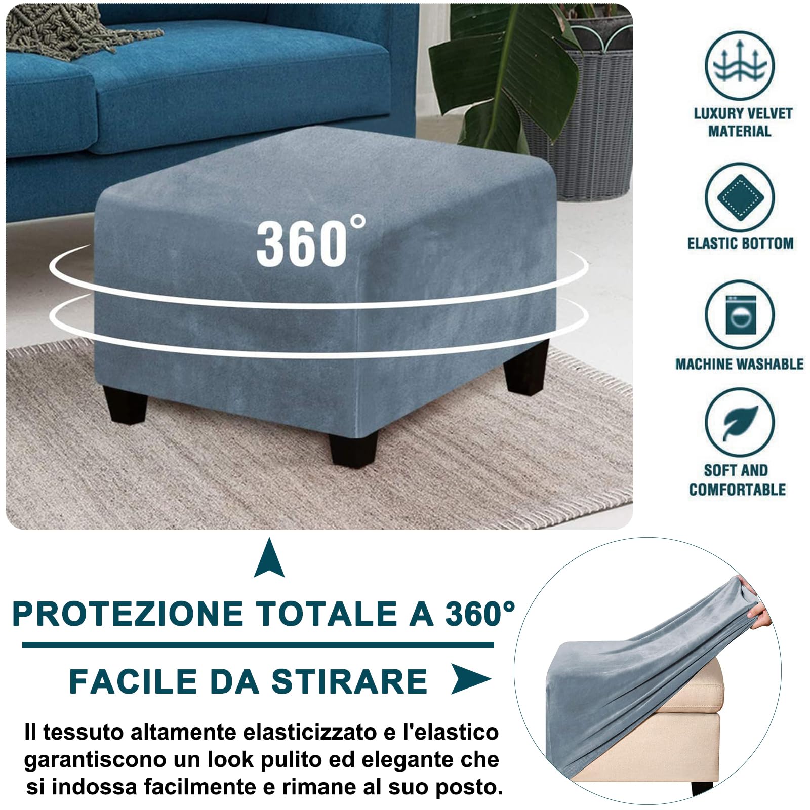 Copri Pouf Rettangolare, Elasticizzato Copri Poggiapiedi Velluto Copertura Dell'Ottomano Rimovibile Antiscivolo Copri Ottomano Con Fondo Elastico-blu grigio-Large
