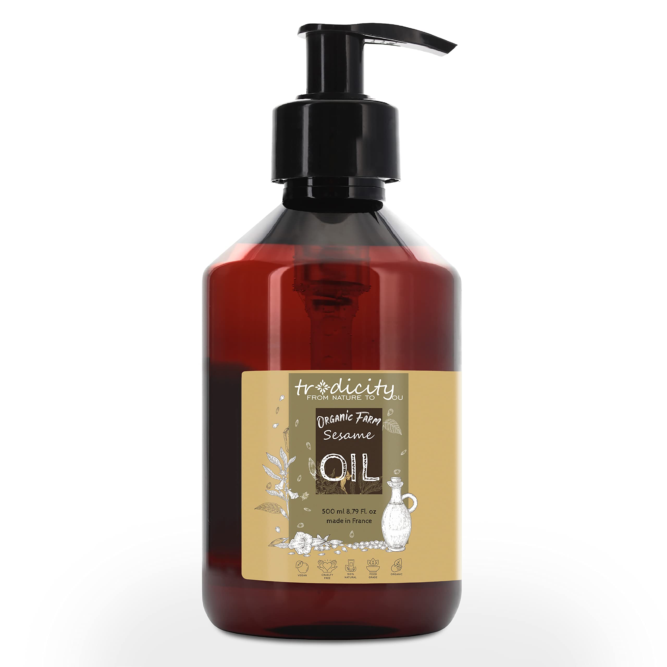 Huile de Sésame BIO Graines de Sésame 100% Pure, Naturelle et Pressée à Froid. Huile de Sesame Certifié Biologique, Cosmétique Maison Naturelle (Cheveux, Peau) - 500 ml