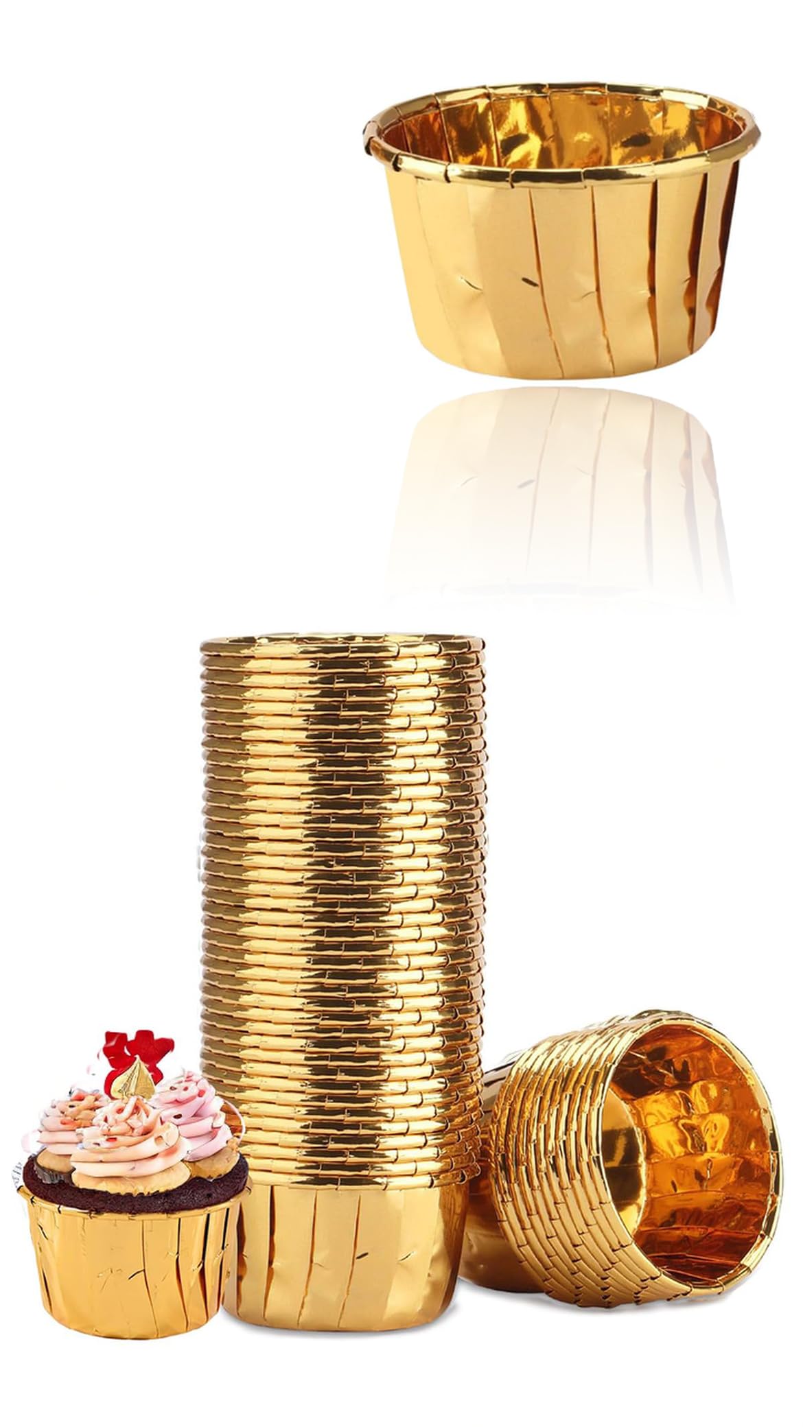 Sweet seven Elegant Gold Cupcake Liners - 50pcs Disposable Foil Muffin Cups for Baking - Premium Aluminum Ramekin Holders - 3.5 Oz Capacity - Bake in Style!