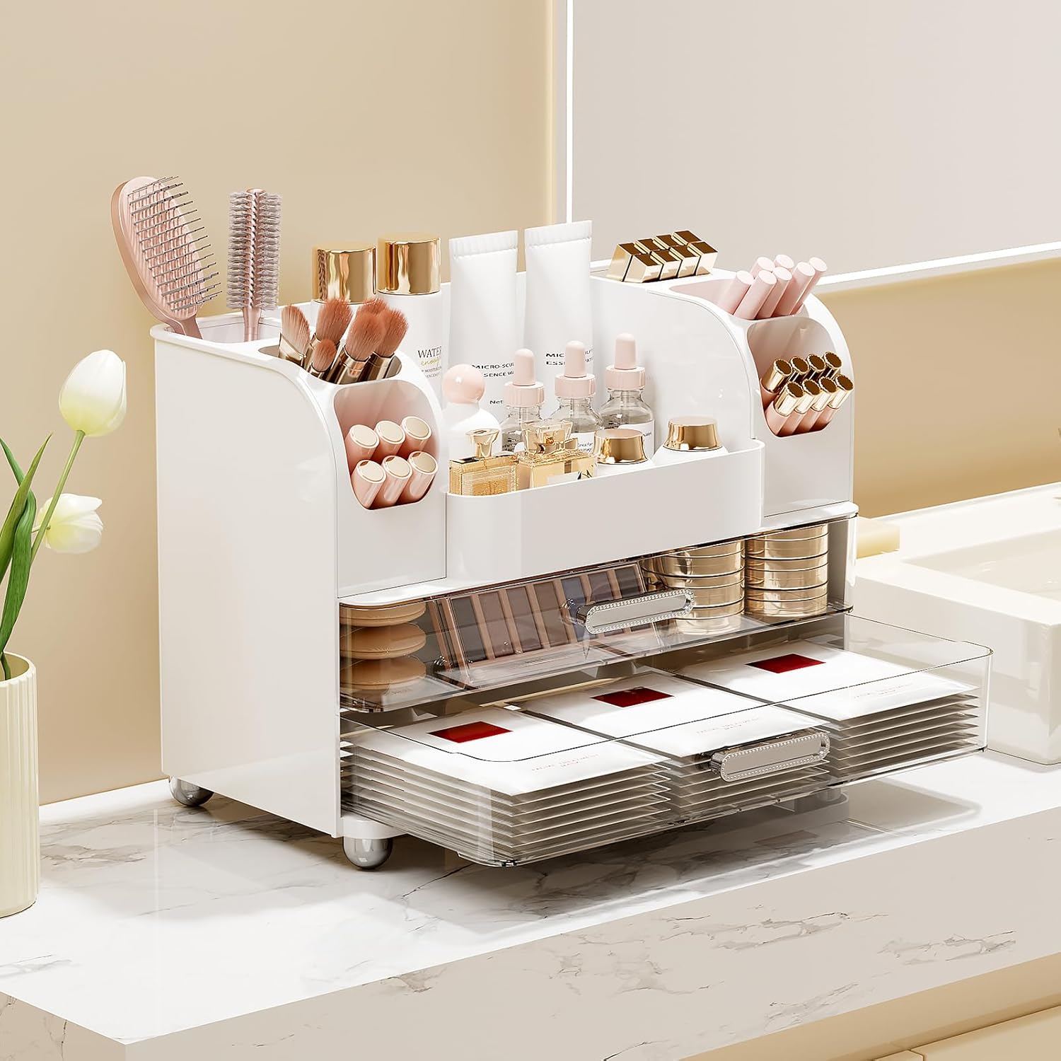 Makeup Organizer for Vanity with 2 Large Drawers, Cosmetic Display Case with Brush Holders, Easy to Storage for Bathroom Countertop Skincare, Perfume, White - Image 2
