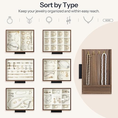 Miniatura 4 de HOOBRO Joyero para mujer, caja organizadora de joyas, caja de joyería de madera de 6 niveles, joyero con ventana lateral transparente, regalo