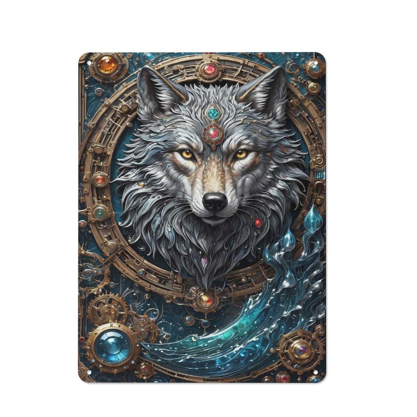 Metal Plaque 40x30cm with Astral Enchanter Wolf for Hallway Wall, Rustic Decor, A Metal Wall Feature for Hallways And Entrance Areas