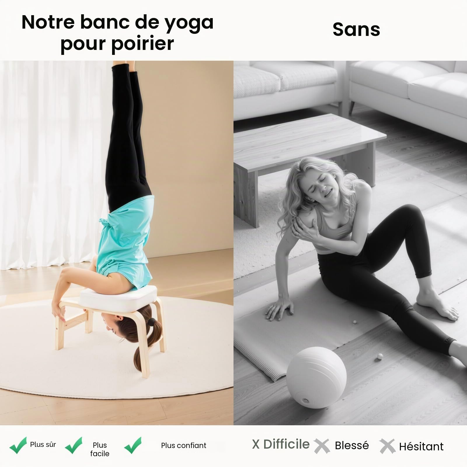 Tabouret de yoga avec cadre en bois et rembourrage en polyuréthane, chaise inversée pour l'équilibre, détend le cou, les épaules, capacité de charge de 200 kg
