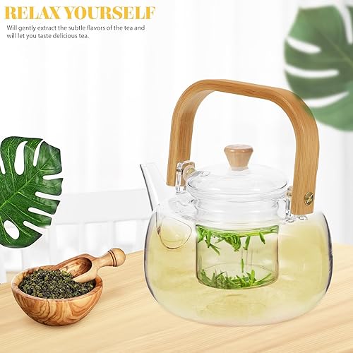Miniatura 9 de UPKOCH Tetera de vidrio transparente con infusor extraíble, tetera de borosilicato para té de hojas sueltas, apta para estufas de 34 onzas, mango de