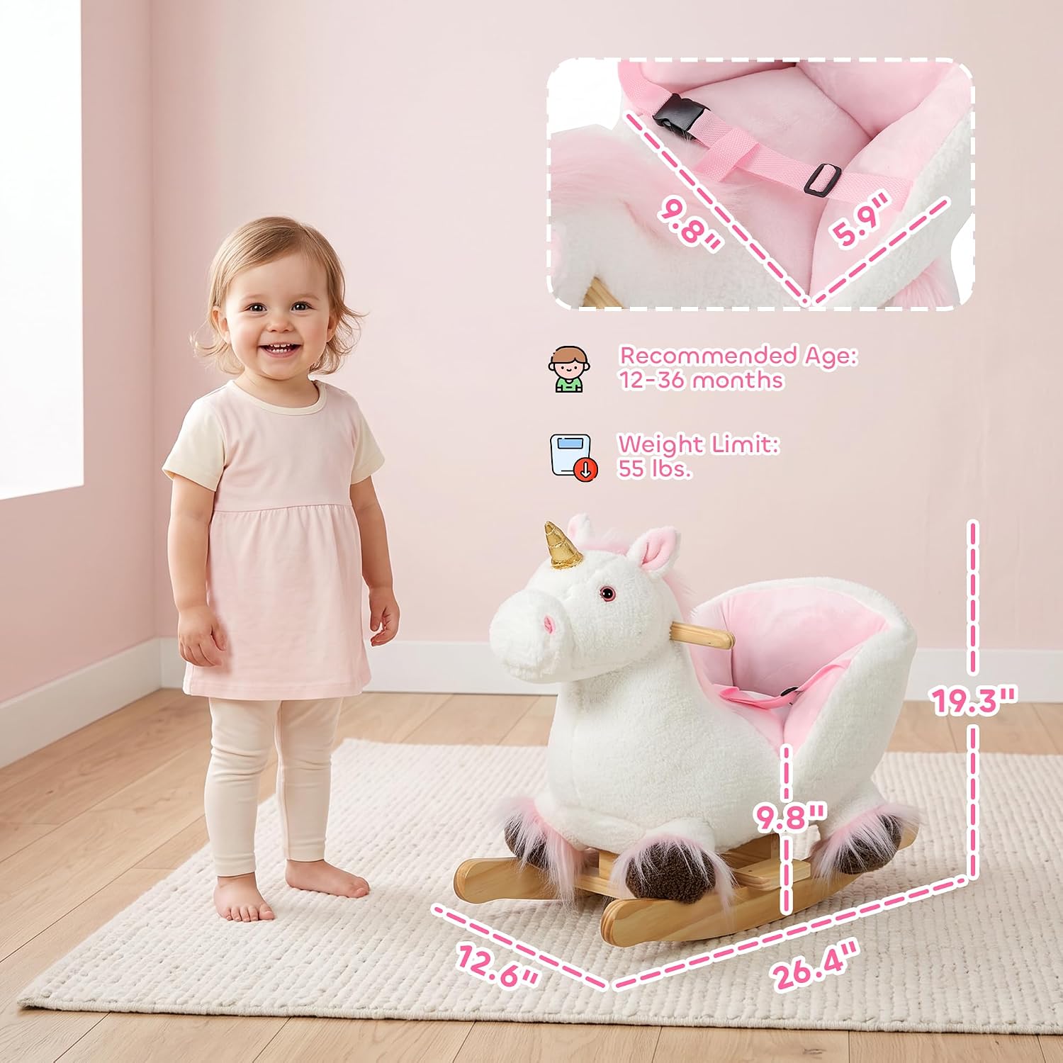 Qaba Unicorn Baby Rocking Horse with Realistic Sound for 12-36 Months White