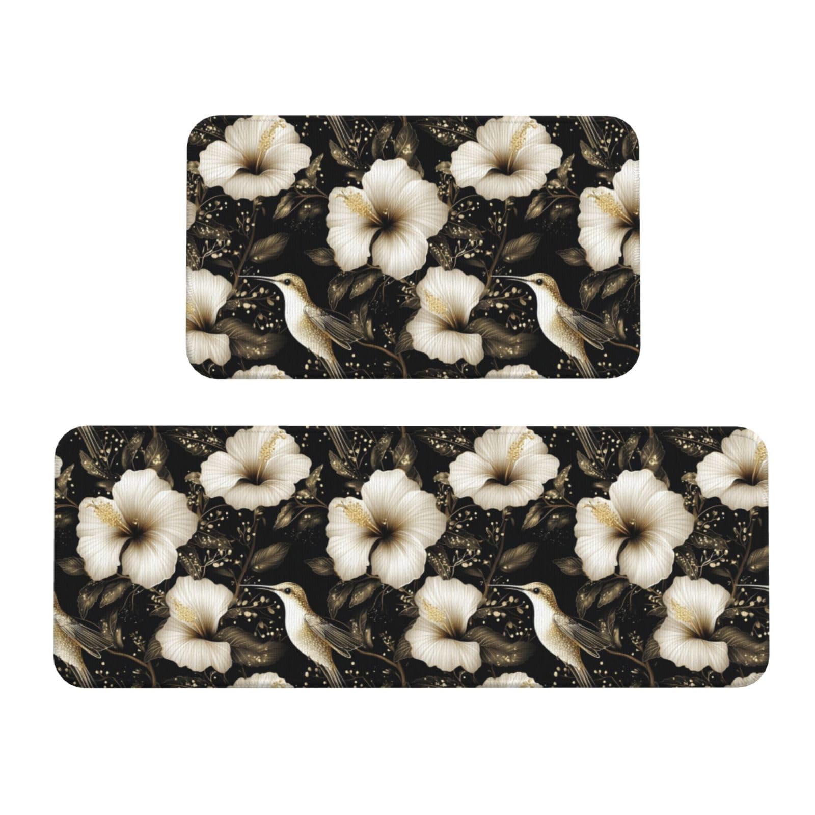 GVYGVY Antifatigue Kitchen Mats for Floor 2 Piece - Black Gold Lily Hummingbirds Print Kitchen Rugs Washable, Non Slip Runner Rug Standing Mat for Office/Bathroom/Laundry/Home Decor and Accessories