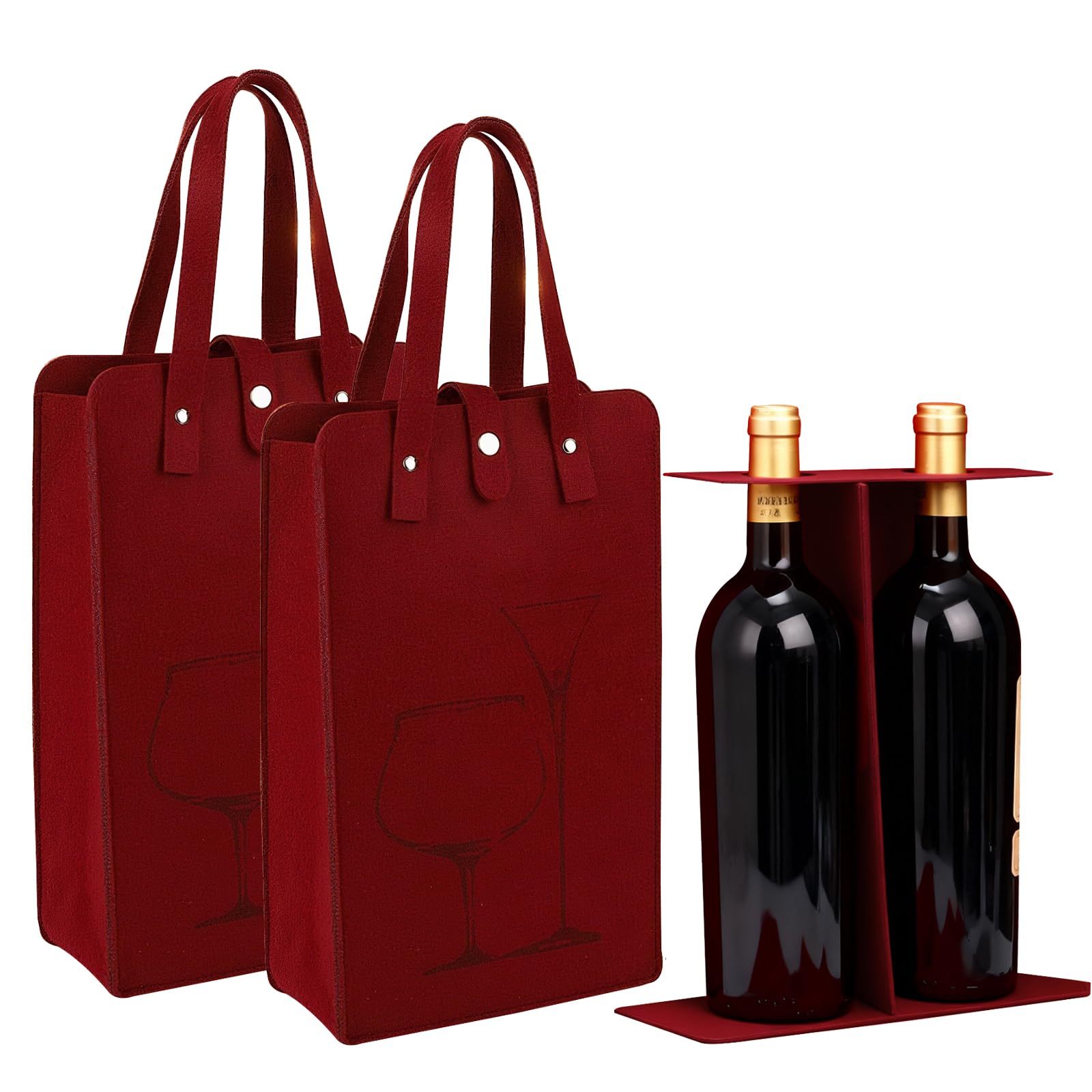Wihozte Red Double Wine Bag, Thick Felt Wine Tote Bag with Handles, Reusable Wine Gift Bag for 2 Bottles (750ml), Anti-Collision Bottle Carrier for Christmas Wedding Picnic Travel (2PCS Red)