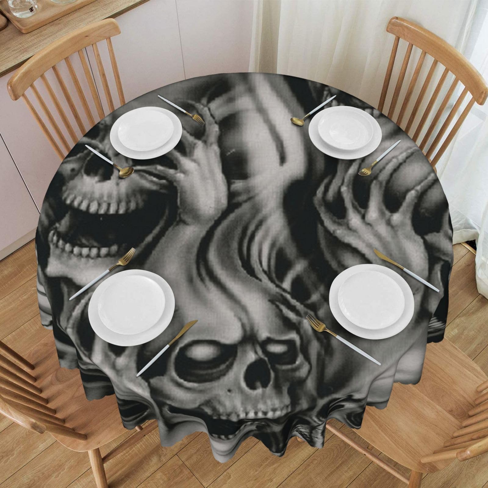 DCEHGEW 60 In Round Tablecloth with Lace, Cool Evil Skull Printed Oilproof & Washable Fabric Picnic Table Cloth Table Covers