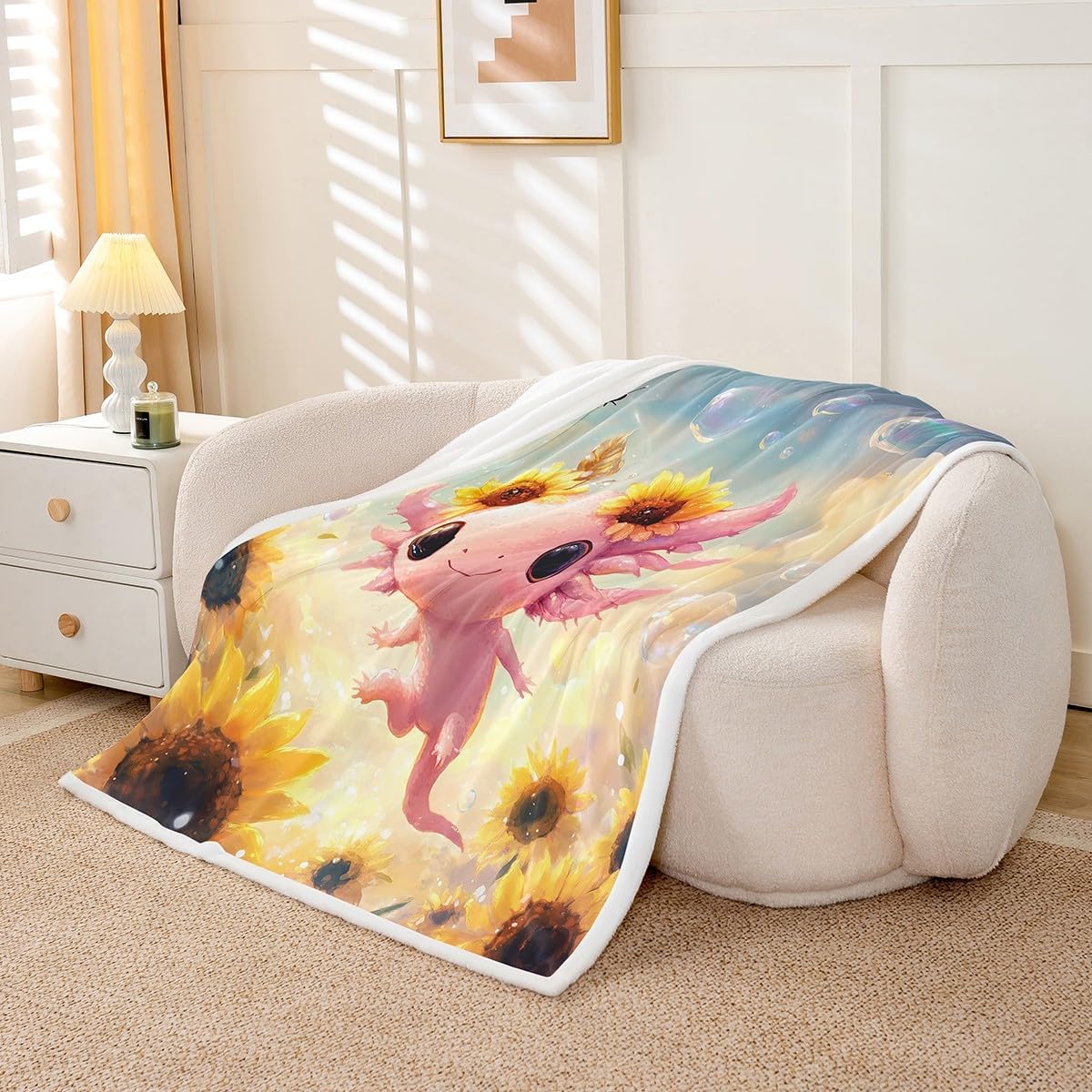 Cute Axolotl Flannel Blanket,Watercolor Yellow Sunflowers Floral Fuzzy Blanket for Children Present,Pink Cartoon Ocean Animal Print Polyester Throw Blanket for Couch, Twin Size (60 x 80 Inch)