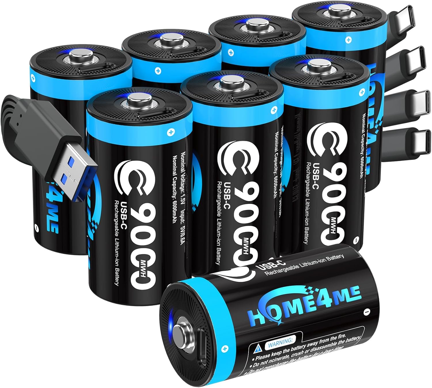 Rechargeable C Batteries 8 Pack, 9000mWh Lithium C Rechargeable Batteries, 1.5V C Cell Battery with 4 in 1 USB-C Charging Cable, for High Drain Devices Like Flashlights, Toys, Radios
