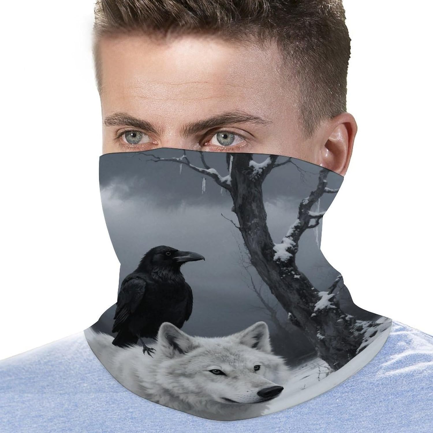 Crow And White Wolf Neck Gaiter for Men Women Cooling Wrap Headwear Winter Head Wrap Scarf Beautiful Headband Personality Balaclava Sport Magic Scarf Windproof Hair Bandana