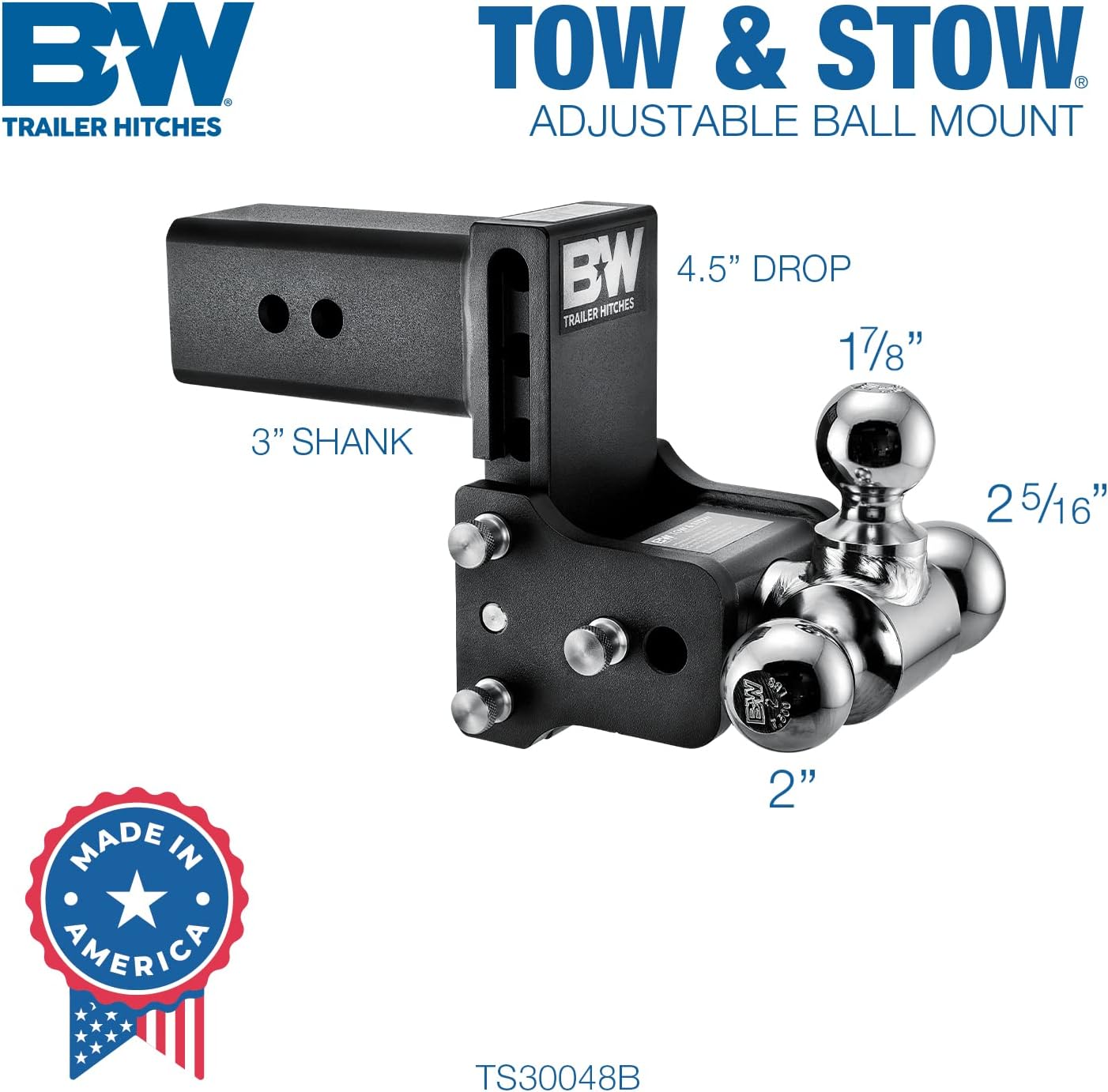 B&W Trailer Hitches Tow & Stow Adjustable Trailer Hitch Ball Mount - Fits 3" Receiver, Tri-Ball (1-7/8" x 2" x 2-5/16"), 4.5" Drop, 21,000 GTW - TS30048B