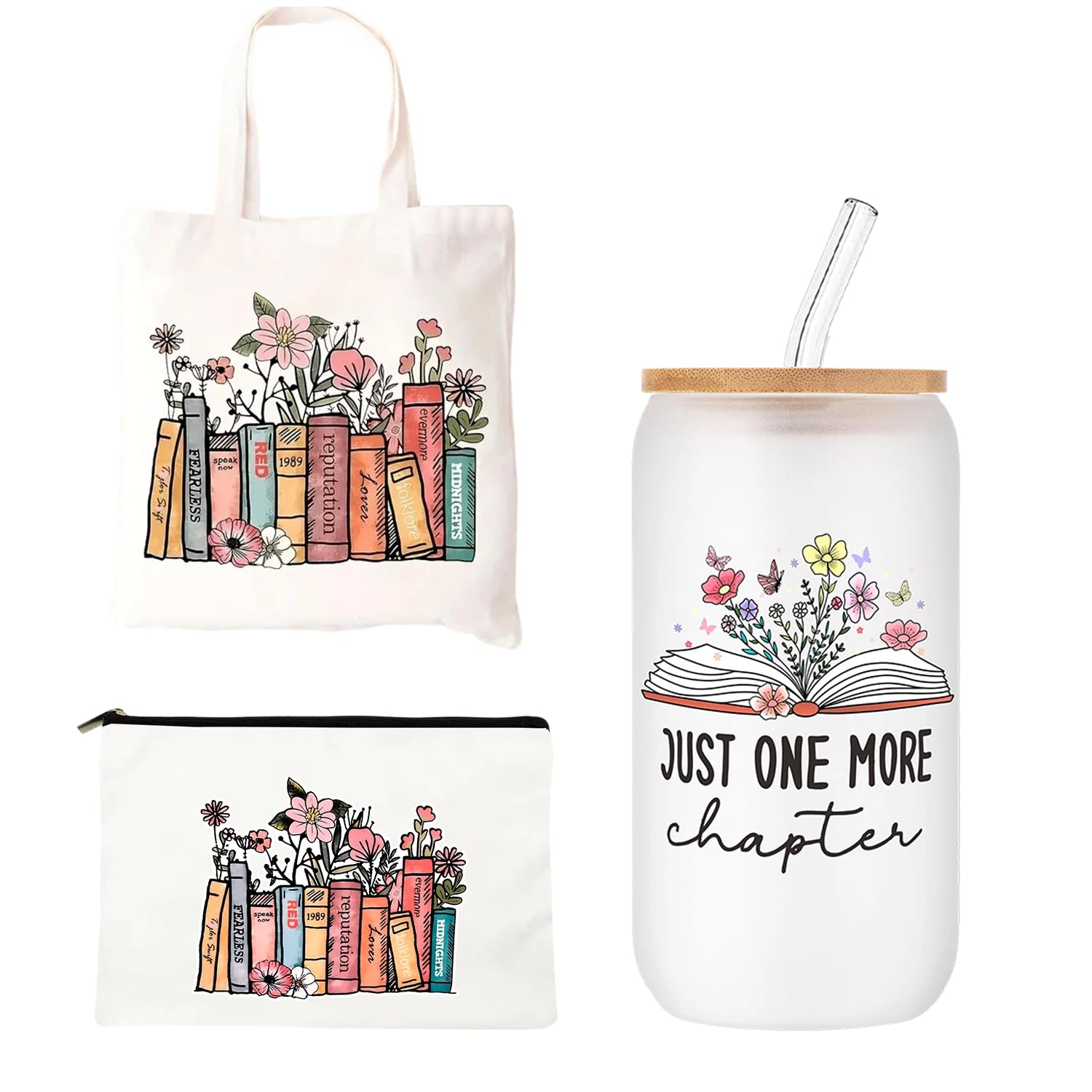 Onperpoe Cadeau d'anniversaire pour les amateurs de livres avec sacs fourre-tout, sacs cosmétiques, bouteilles en verre, bibliothécaire, bibliothécaire, cadeau pour lecteurs, enseignants, étudiants