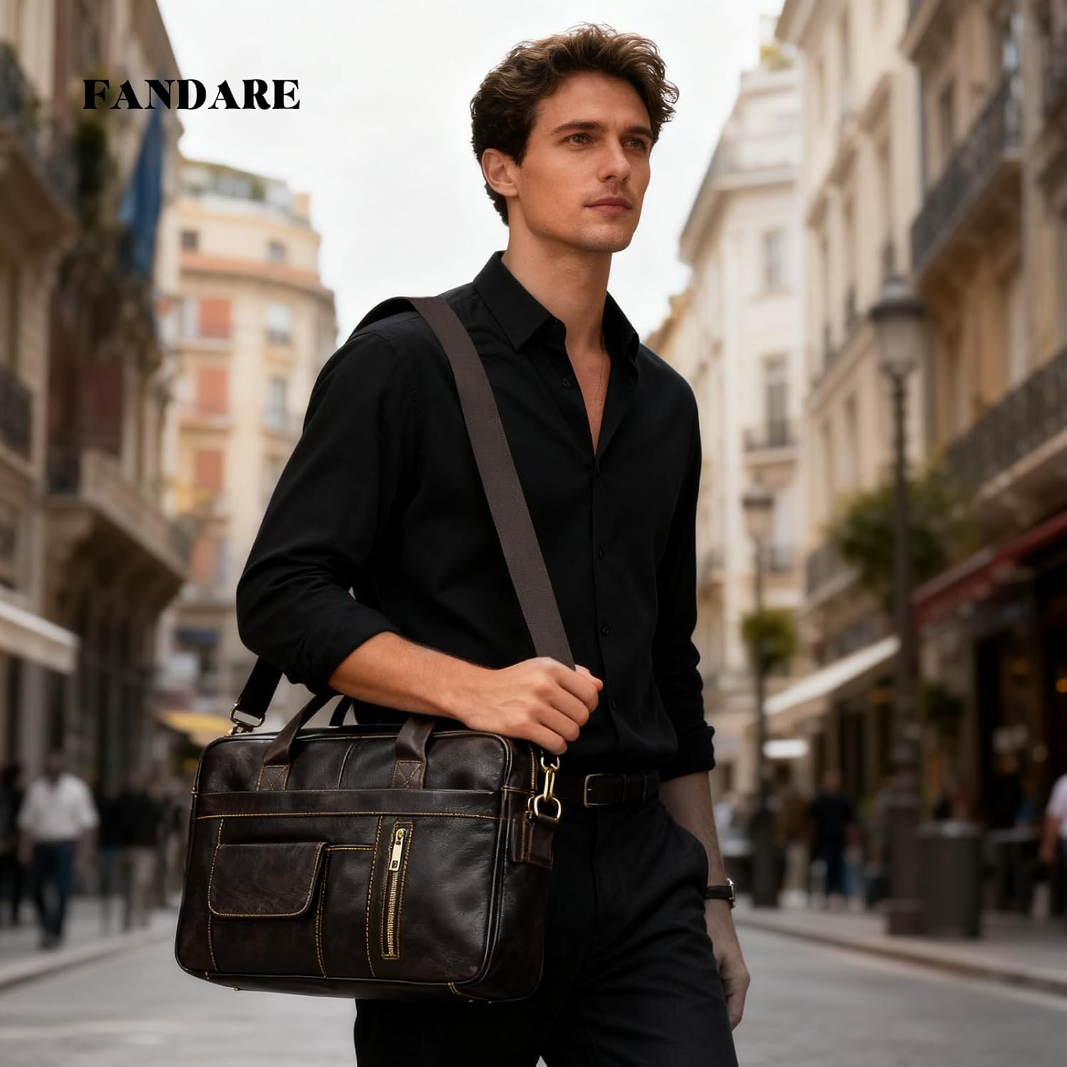 FANDARE Laptop Tote Bag for Men Full Grain Leather Briefcase Business Tote Messenger Handbag