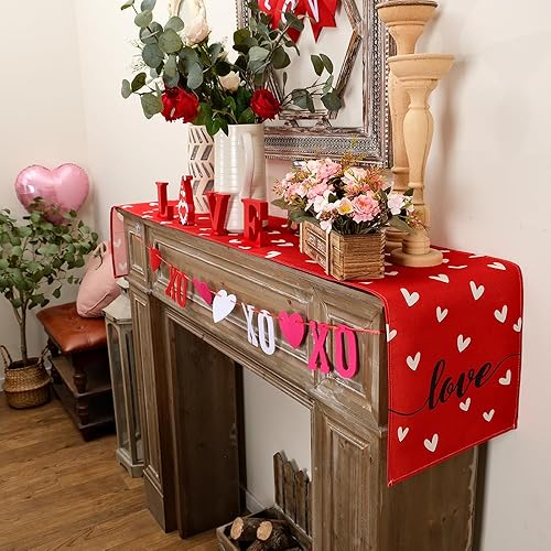 Miniatura 4 de ARKENY Camino de mesa para el día de San Valentín de 13 x 72 pulgadas, diseño de corazón de temporada de arpillera roja para interiores, cocina,