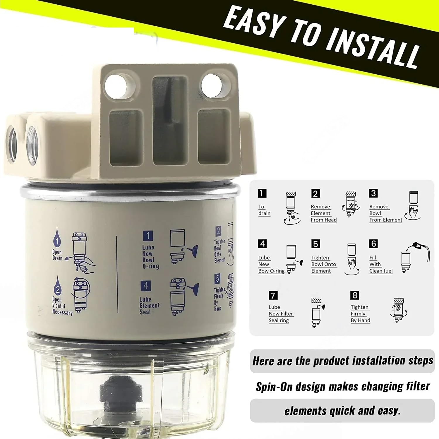 Filtro De Diésel para Coche R12T, Kit Separador De Aguaparafiltro De Combustible - Rosca Marina, Reemplaza S3240 120At Npt Zg1/4-19, Compatible con Filtro De Combustible De 3/8 De Pulgada.