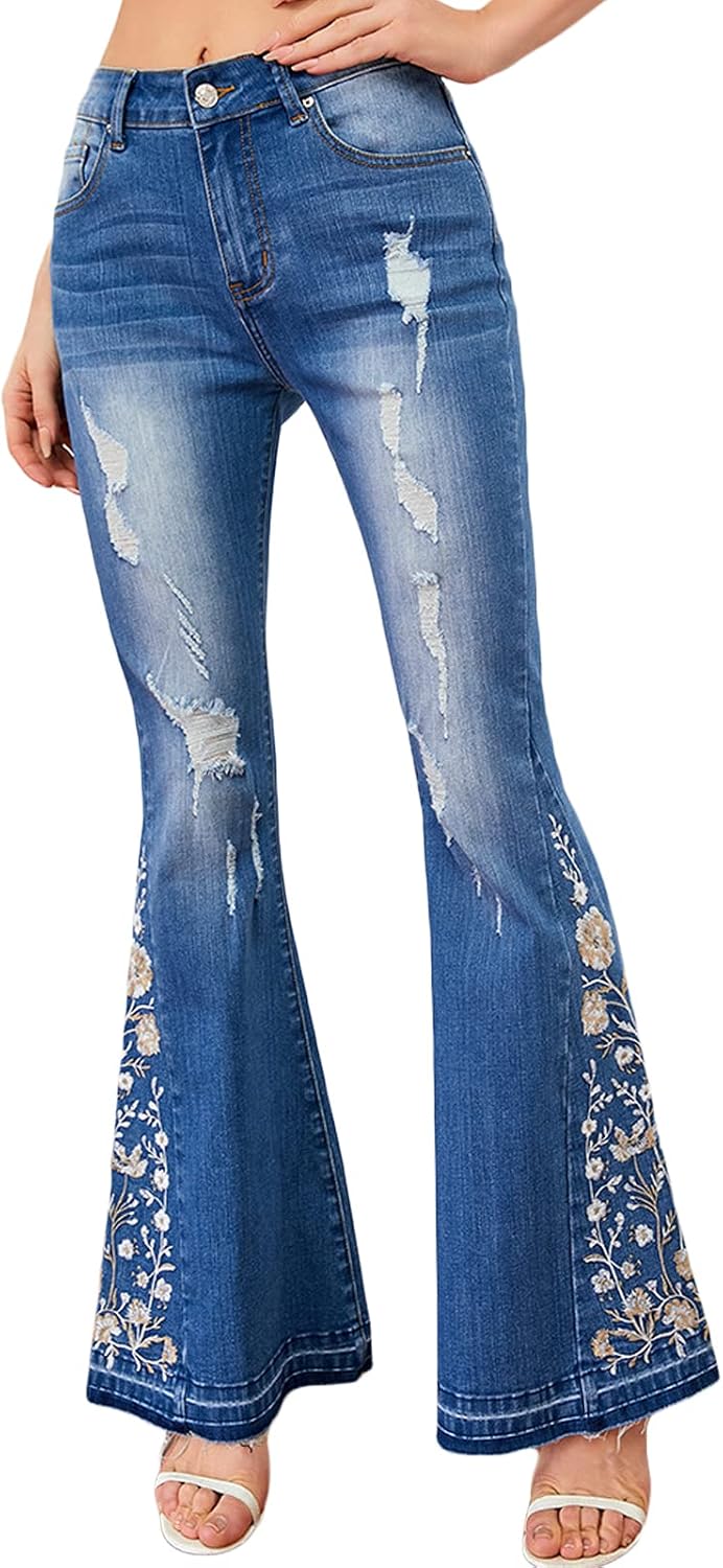 Womens Classic Ripped Flare Jeans Mid Rise Distressed Embroidered Stretch Bell Bottom Pants