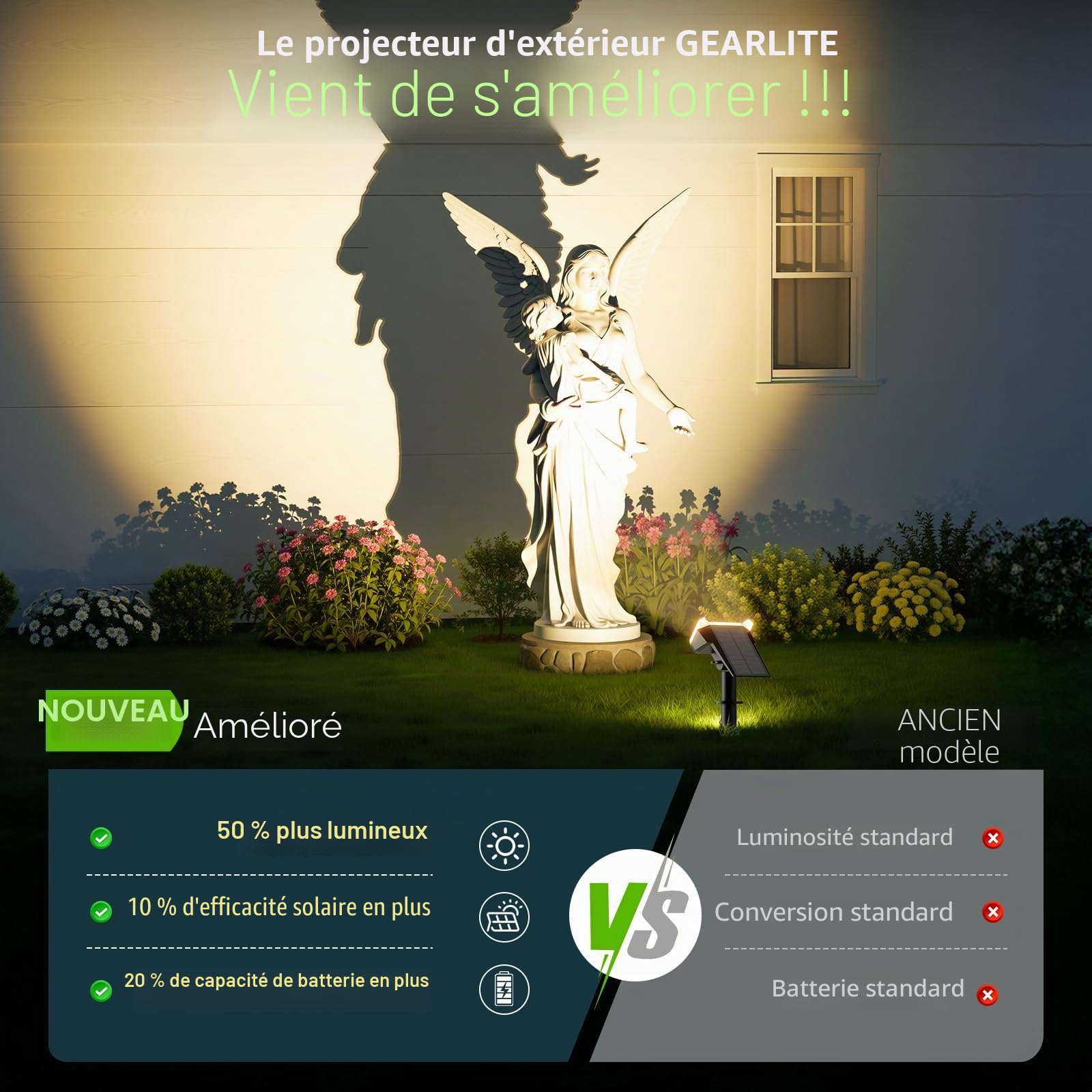 GEARLITE Spot Solaire Exterieur Puissant, Lot de 4 Lampes Solaires Exterieures Jardin 3000K Lumière Blanc Chaud, 2 Modes d'Éclairage, IP65 Étanche Eclairage Exterieur Solaire pour Chemin Allée