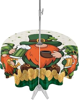 QueenKer Green Clovers Gnome Outdoor Tablecloth with Umbrella Hole and Zipper Leprechaun Hat Gold Coin Waterproof Round 54 Inch, Table Cloth Cover for Outside Picnic Patio BBQS Garden