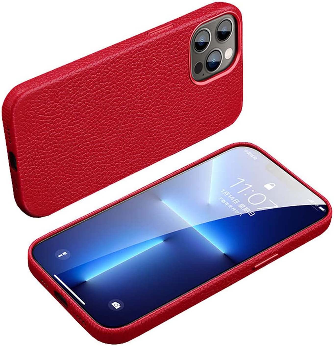 Étui iPhone 14 Pro rouge avec dos cuir véritable floqué antichoc 2022