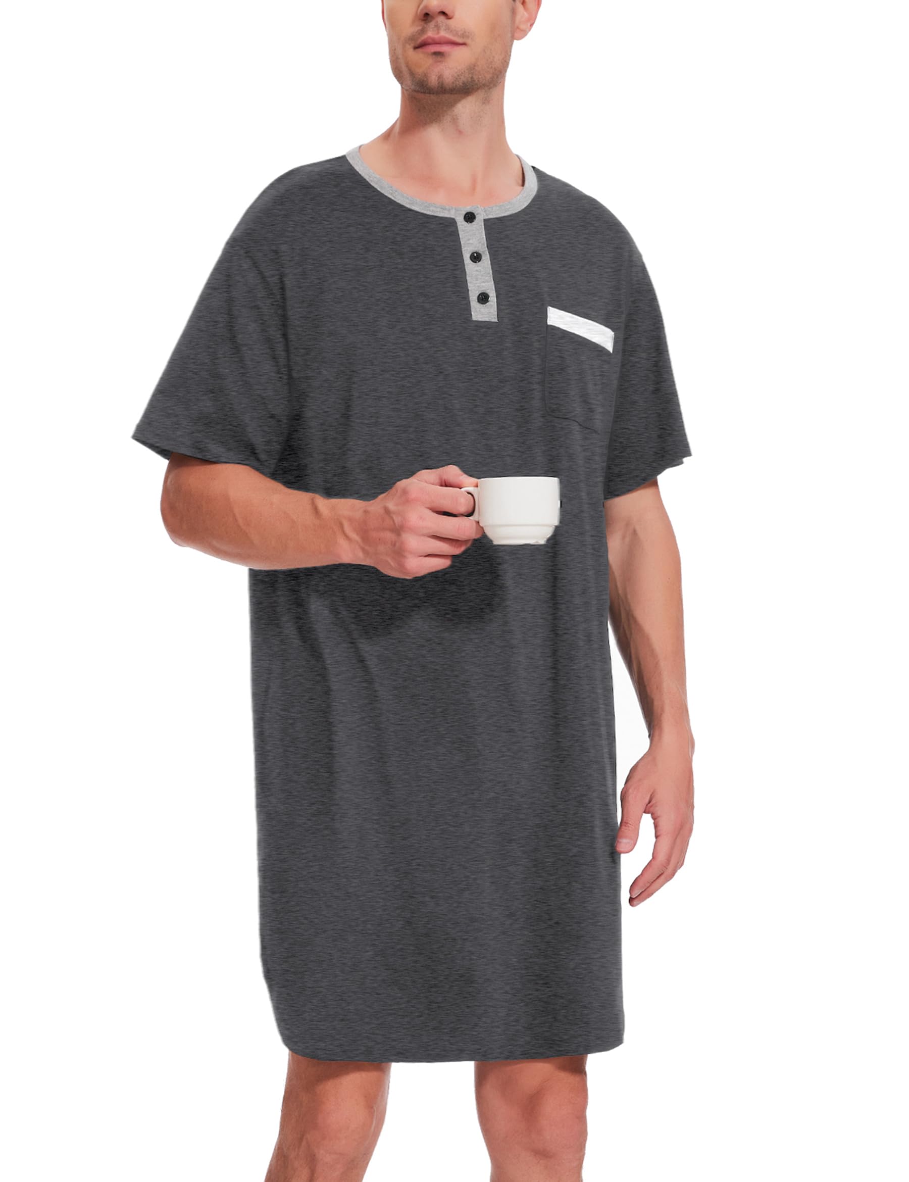 Uniexcosm Nachthemd Herren Kurzarm Schlafshirt Rundhals Einteiliger Schlafanzugoberteile Pyjama Tops Bequem Nachtwäsche Sleepshirt mit Knopfleiste und Brusttasche
