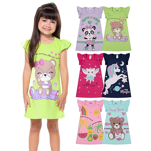 Kit 3 Vestido Infantil Menina Verão Estampados 100% Algodão com Mangas Franzidas