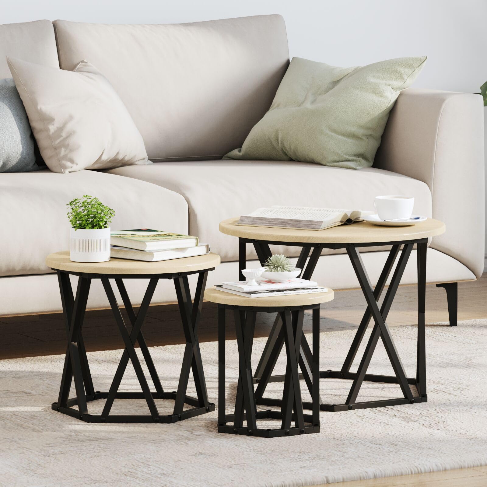 SXZenSpace 868256 Nesting Side Tables 3 pcs Sonoma Oak Engineered Wood Table - Modern Nightstand End for Home Bedroom Living Room Easy Assembly Hallway Coffee