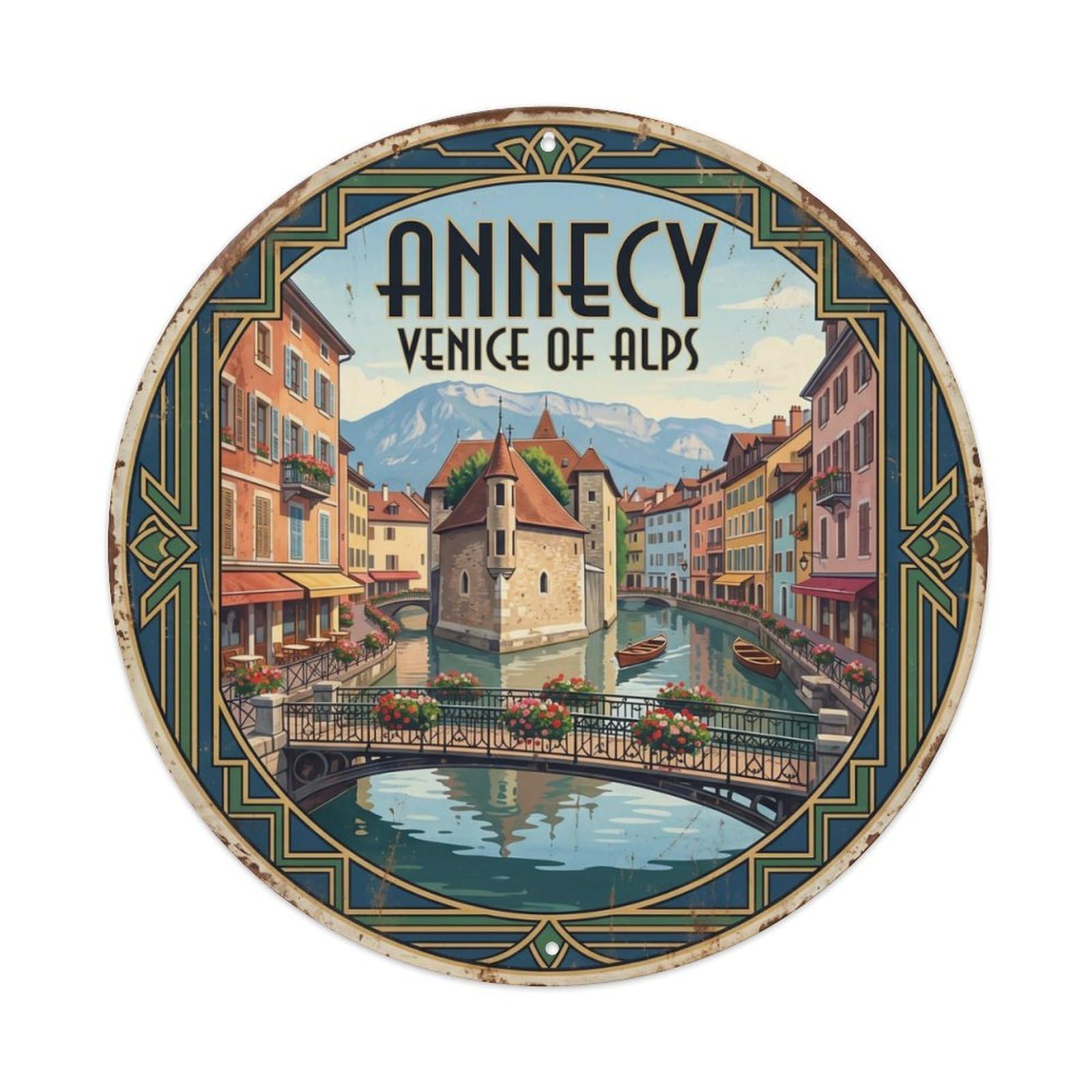 Fqcyn Style Vintage Travel Annecy France Canals Metal Tin Sign Plaque Wall Decor For Cafe, Club Bar, Office, Home Garden Round Metal Poster 8X8inch