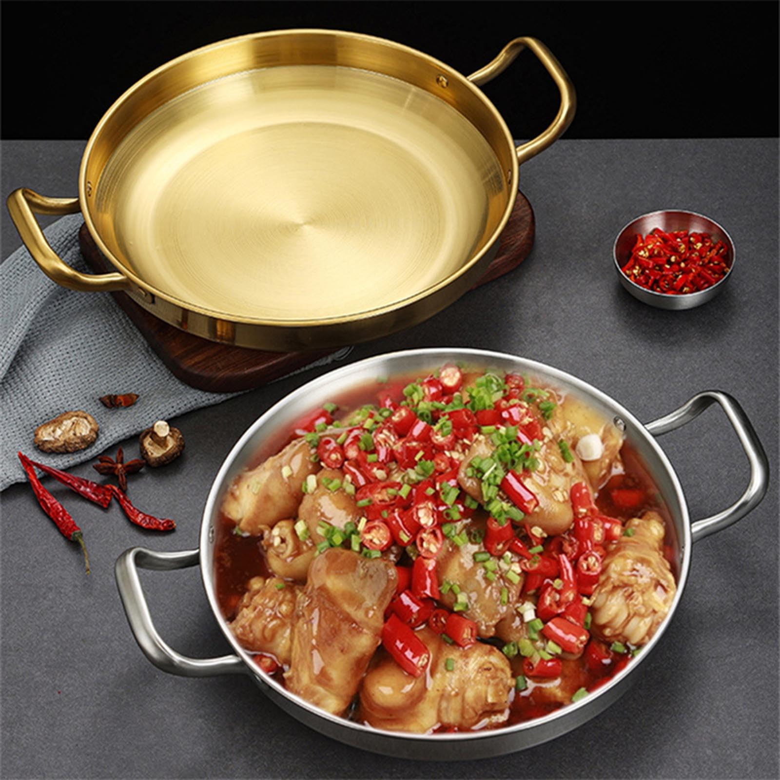 Paella de Acero Inoxidable, Olla de arroz para mariscos, Cocina casera, Platos de Aperitivos para Picnic, Utensilios de Cocina, Cacerola, ollas secas con asa para Cocina,Oro,28cm