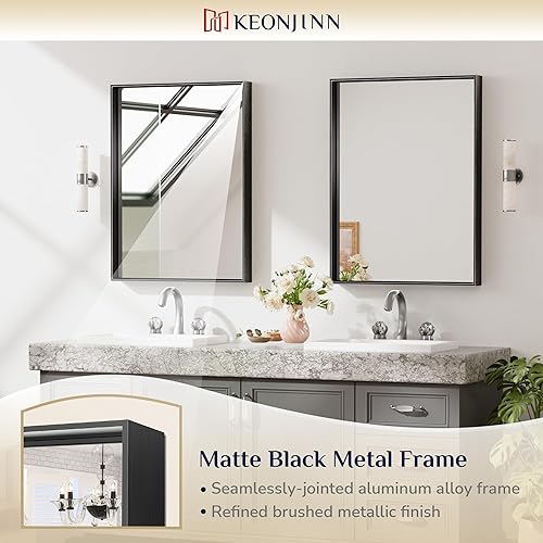 Miniatura 6 de Keonjinn Espejo rectangular negro para pared de 24 x 32 pulgadas, espejo rectangular de tocador de baño con marco de metal, espejo cuadrado de