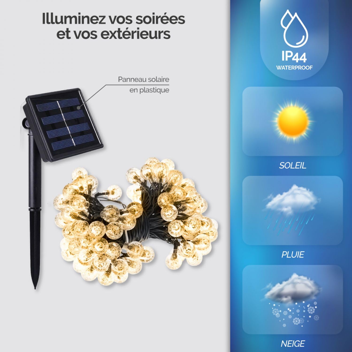 Linxor - Lote de 4 guirnaldas solares exteriores luminosas para jardín o terraza - Bombillas LED grandes Ø 2,2 cm, 8 modos - 17 m - Blanco cálido