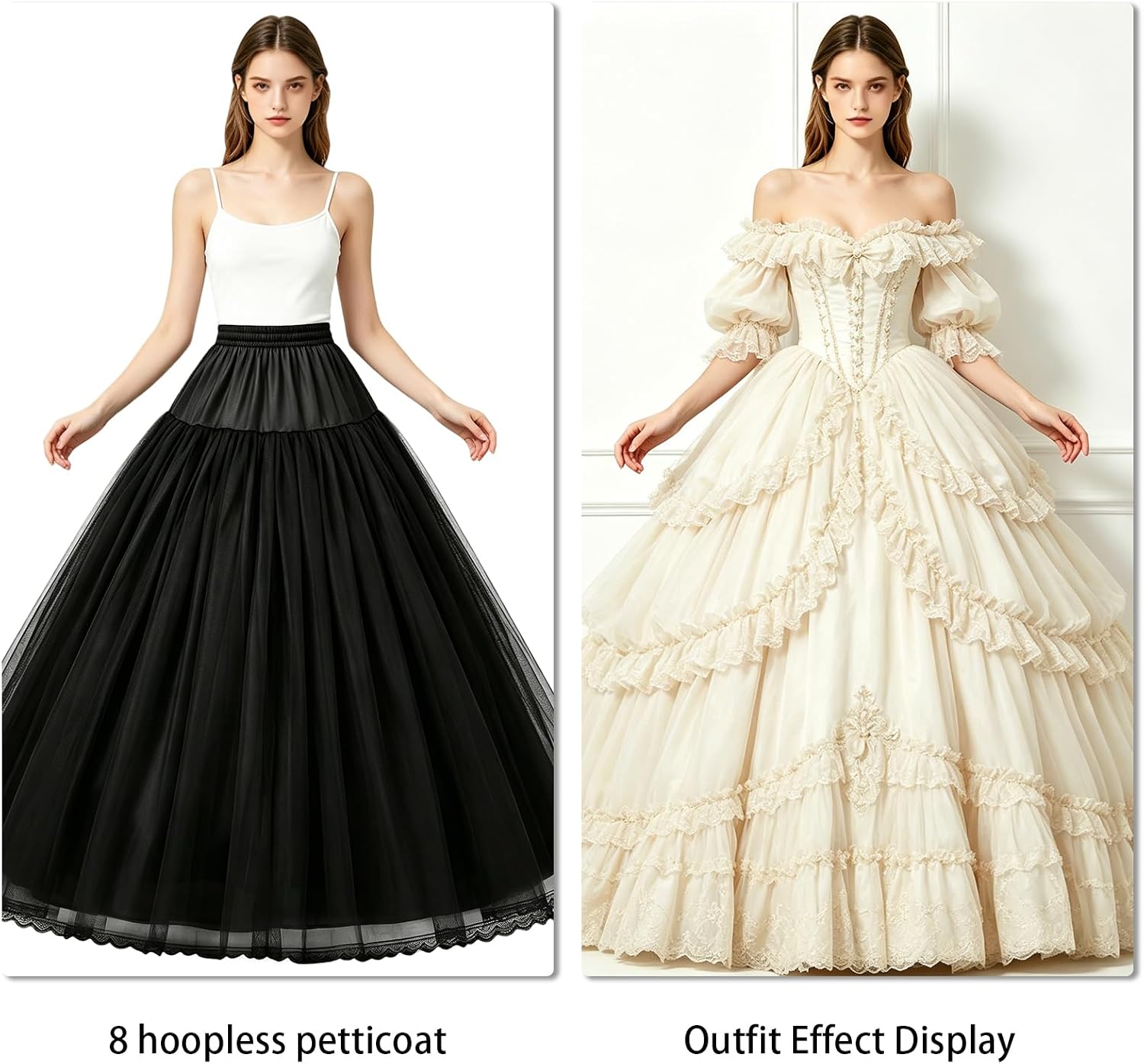 Women's Hoopless Petticoat 8 Layers Tulle Crinoline Underskirt