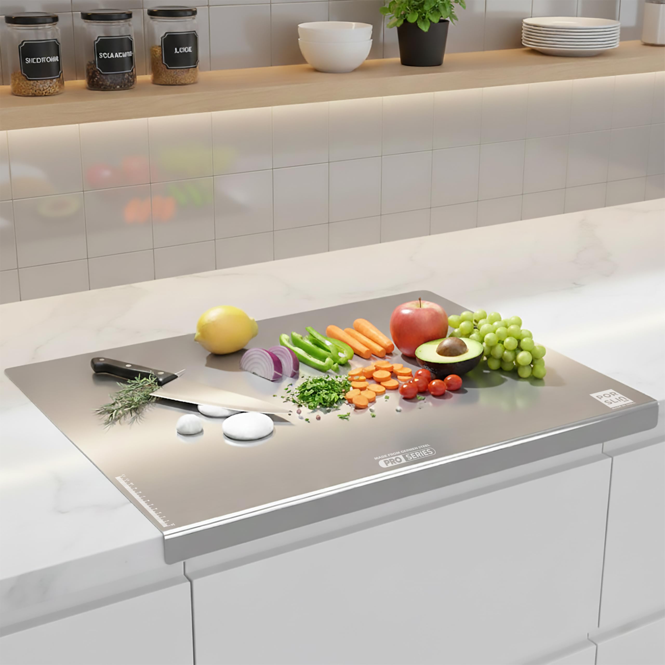 Porslin by Chef Special 16x20 Inch Heavy Duty Stainless Steel Chopping Board with Lip, Kitchen Countertop Cutting Board, 304 Metal Kneading Board for Dough Atta Roti, Non Slip for Vegetables