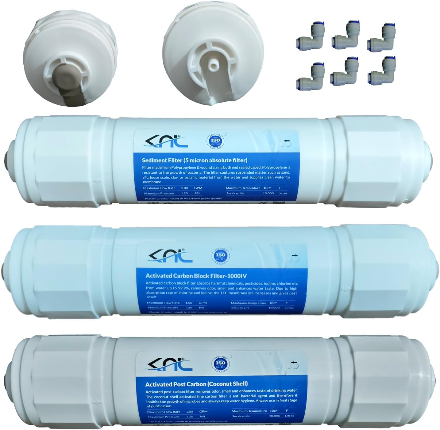 KNL Sediment, Activated Block Carbon (Pre Carbon) & Activated Post Carbon (Coconut Shell) Inline cartridges/Filters/Candle Set for RO/NF Water Purifier Filter