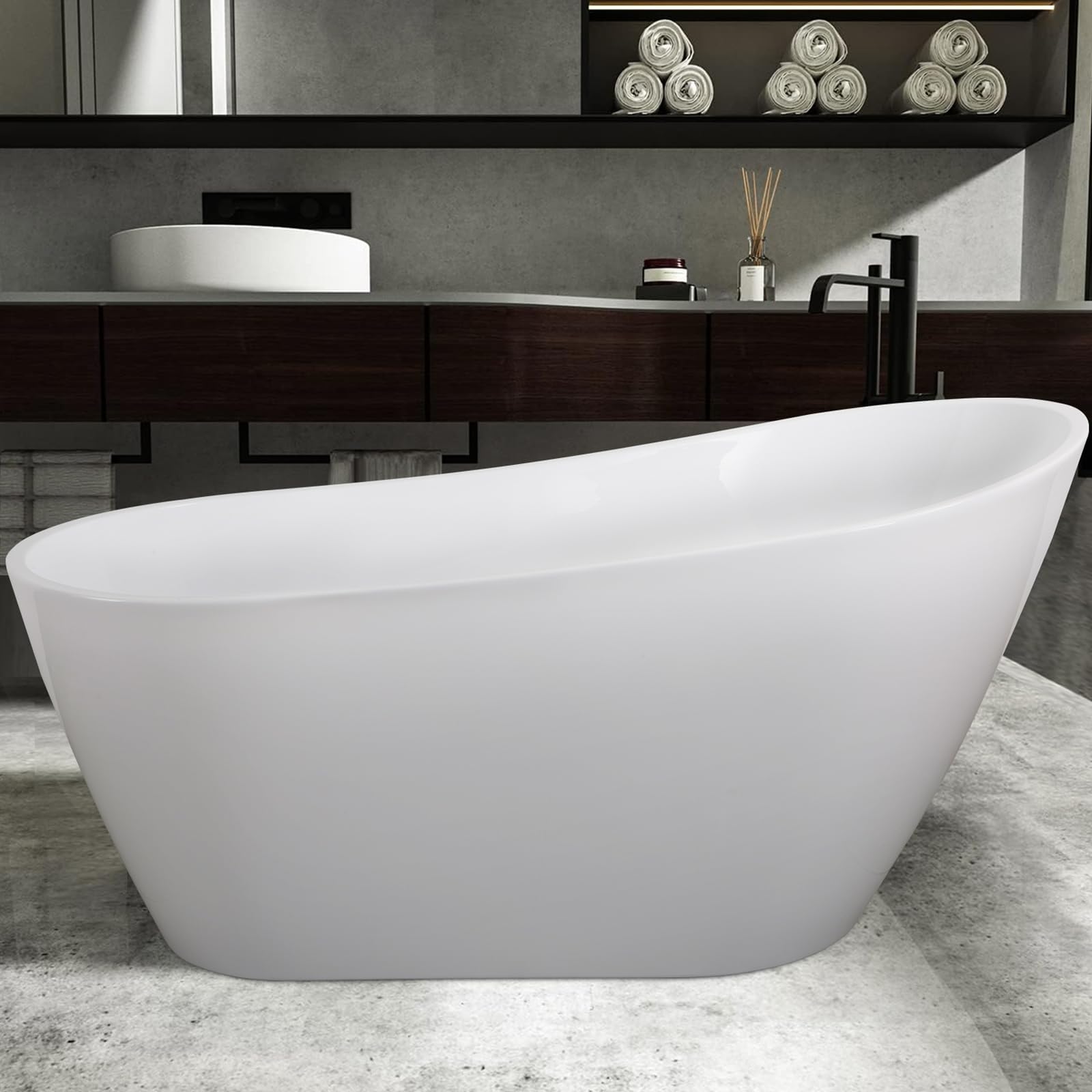 55.12"Acrylic Free Standing Tub,Single Slipper Shape Minimalist Bathtub,Modern Soaking Bathtub with cUPC Certified,Brushed Nickel Overflow&Drain(Glossy White)