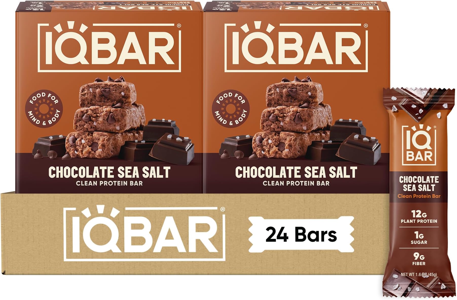IQBAR Clean Protein Bars, Low Sugar Keto, Chocolate Sea Salt 24-Count