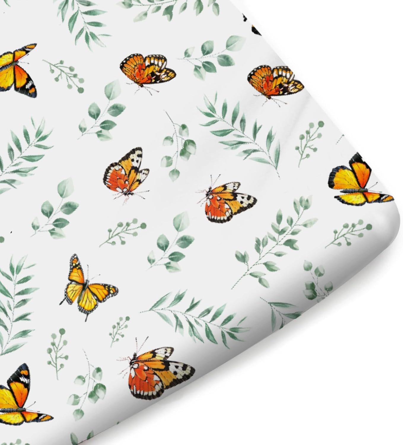 Vintage Butterflies Green Leaves Baby Crib Sheets Girl Boy 52"x28" Boho Butterflies Greenery Fitted Crib Mattress Cover Soft Breathable Spring Garden Baby Sheets for Standard Crib and Toddler Mattress