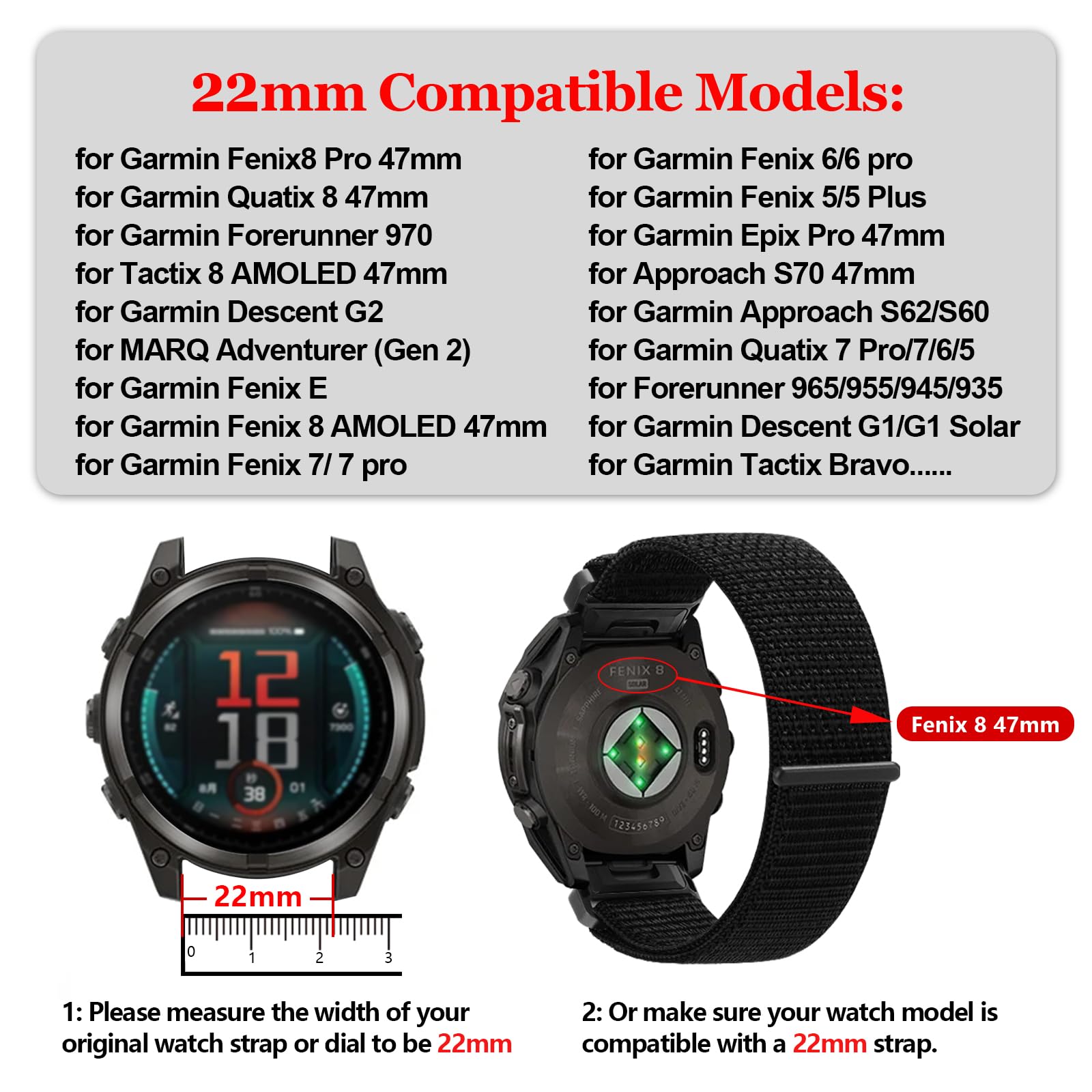 nylonowe paski 22 mm kompatybilne z Garmin Fenix 8 AMOLED, Quatix 8, Tactix 8, Approach S70 47 mm, sportowy pasek Quickfit do Fenix 7 pro/7/6 Pro/6/5 Plus/Forerunner 970/965/Descent G2