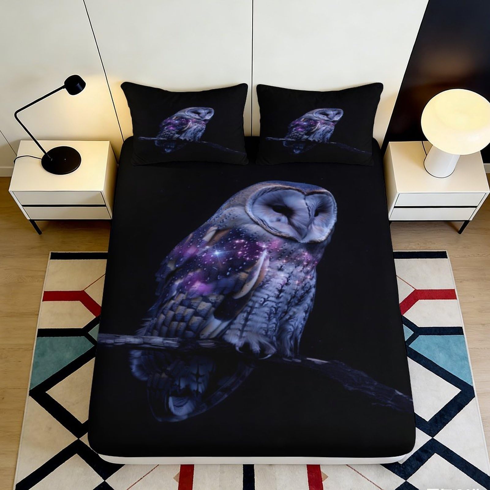 3D Printed Night Owl Fitted Sheet Microfiber Soft Black Forest Moon Mattress Cover for Bedroom Dorm Mattress Decoration 90x200x25cm