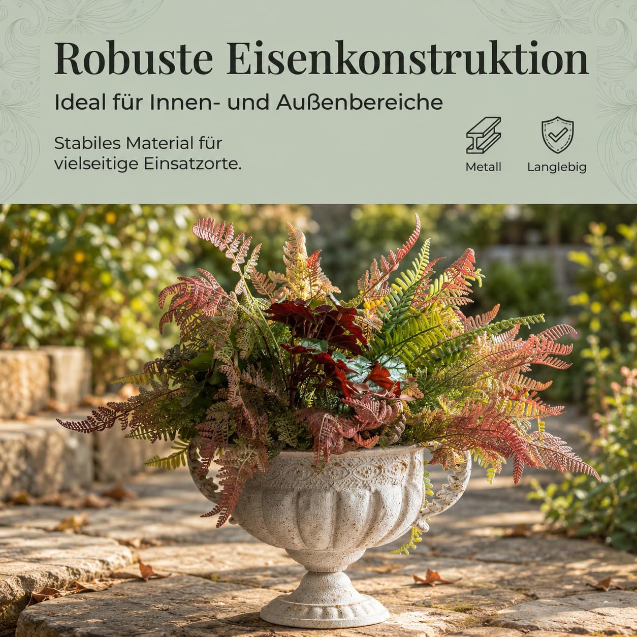 Vintage Pflanzurne aus Eisen, Weiß, 34,5 × 21,6 cm, Steinoptik