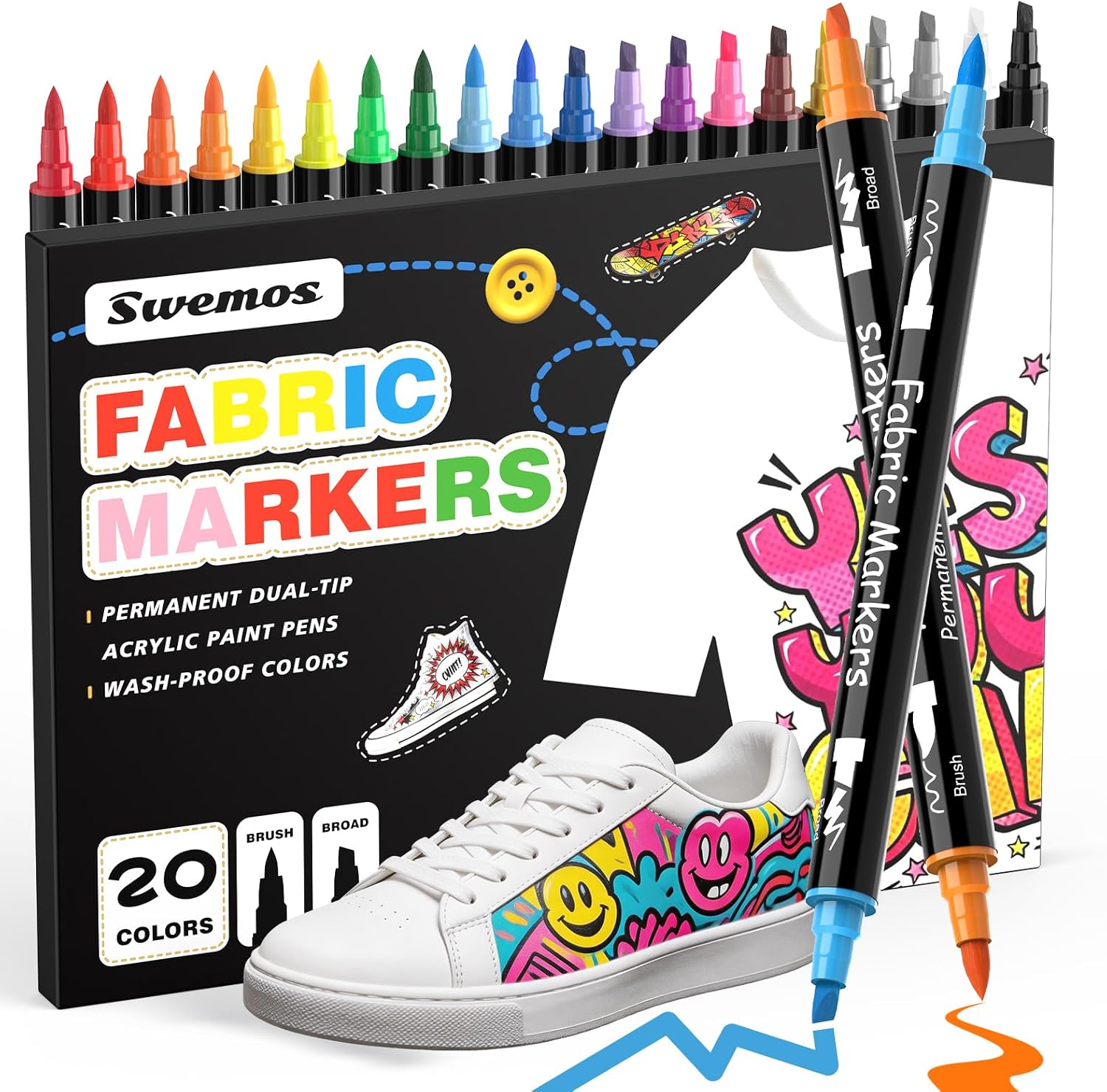 Swemos 20 Fabric Markers, Fabric Paint Permanent for Clothes, Brush and Chisel Tip Acrylic Paint Pens for Helmets, Skateboards, Hats, Canvas, Shoes, Bags, Craft, DIY - Fabric Decorating Kit