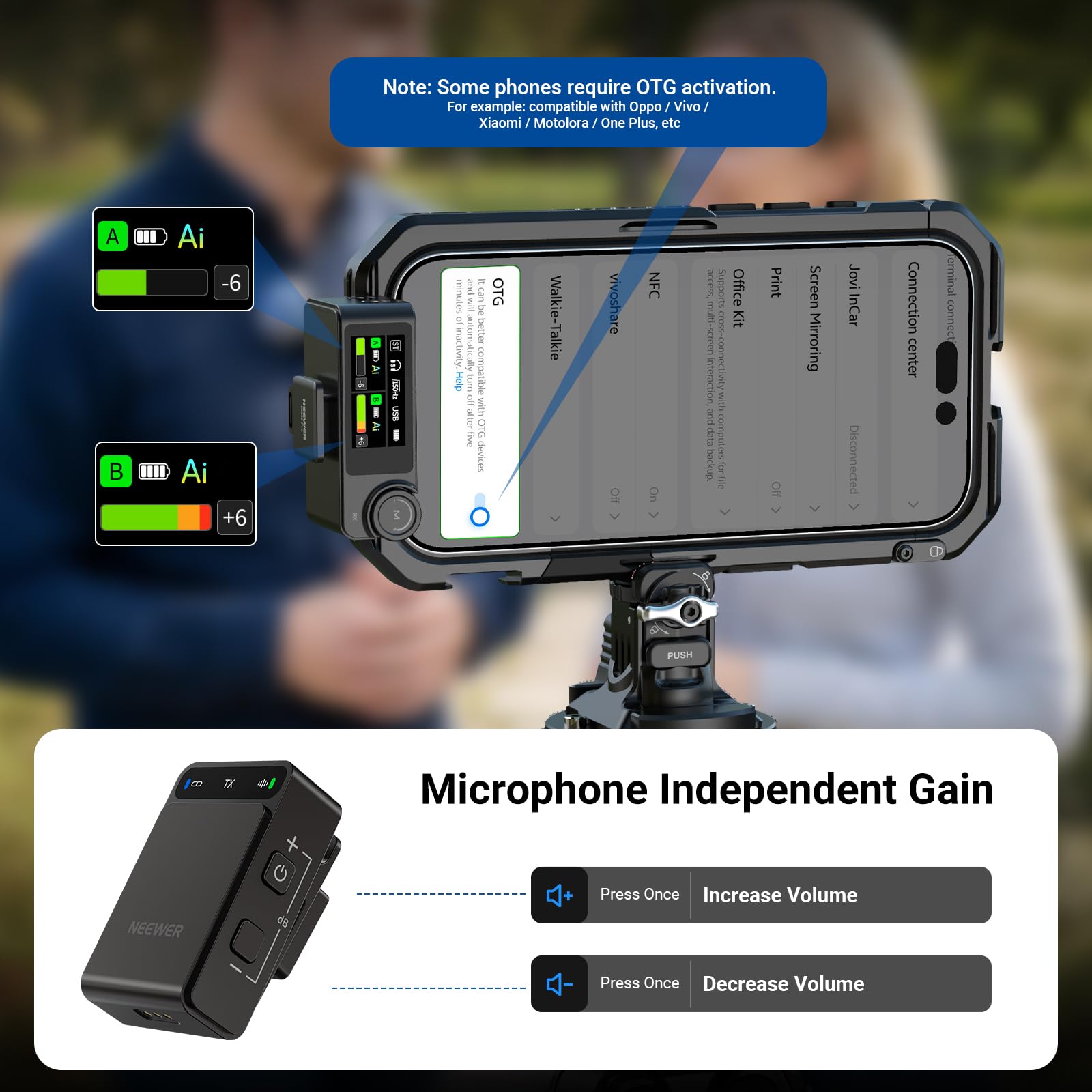 NEEWER CM36 bezprzewodowy mikrofon krawatowy z etui ładującym, sterowanie aplikacją, redukcja szumów AI, 48 kHz/24 bit, 85 dB SNR, bateria 54H, zasięg 100 m, mini mikrofon Lav do iPhone'a, telefonu z