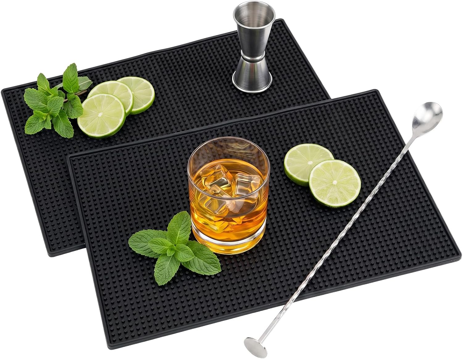 Bar Mat Set of 3 Rubber Bar Service Spill Mat for Cocktail Bartender Coffee Bar or Countertop Mats Glass Drying Mat (Black, 18" x 12"+23" x 3"+12" x 6")