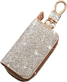 Sequin PU Leather Car Key Fob Case, Silver/Golden | zipper closure, internal chain keyring, signal-blocking storage, clips to belts bags and backpacks, everyday accessory