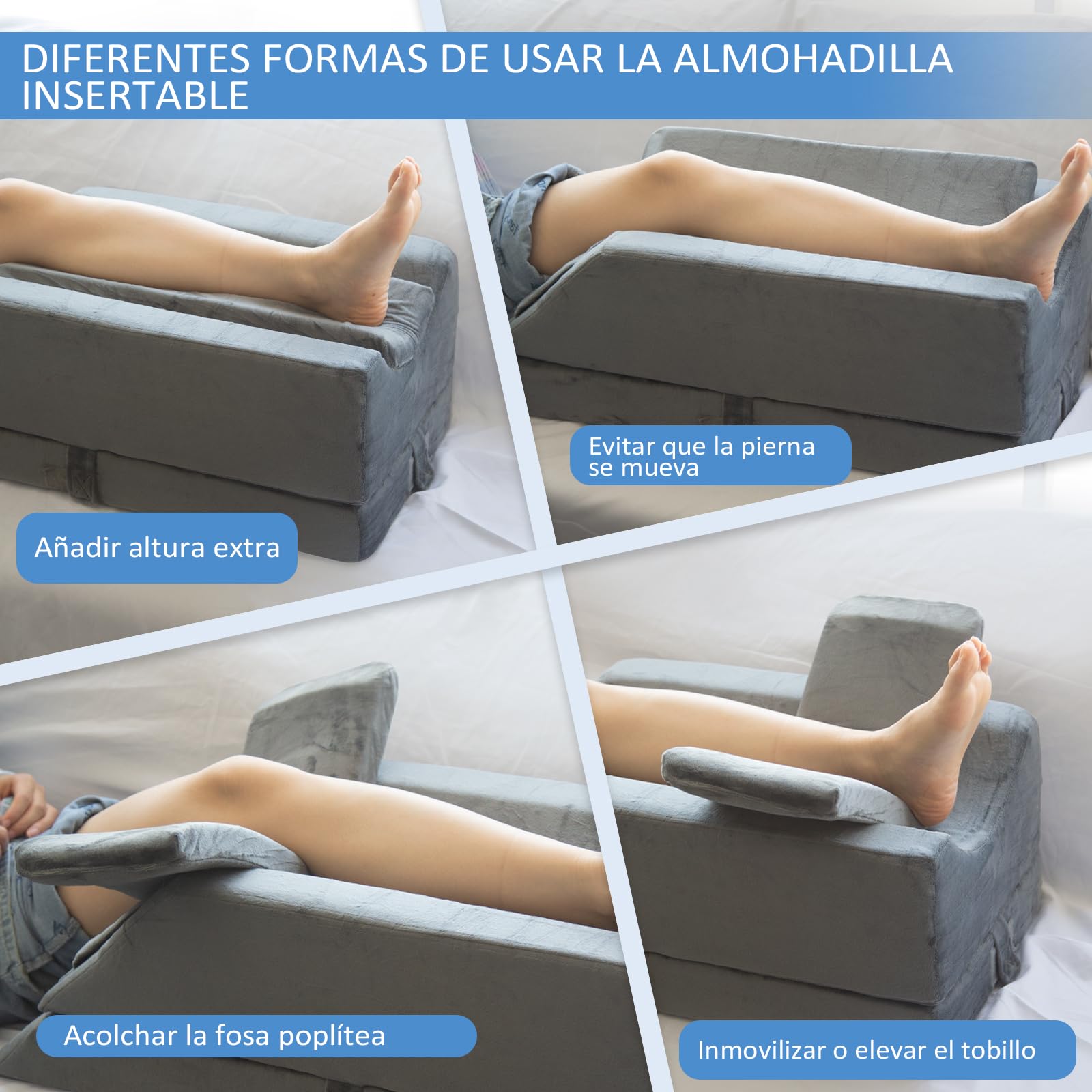 KingPavonini Cojín para piernas con elevación de 4 niveles ajustables en altura, para uso postoperatorio/lesiones/descanso, cojín para piernas de espuma viscoelástica con 3 asas y relleno extraíble