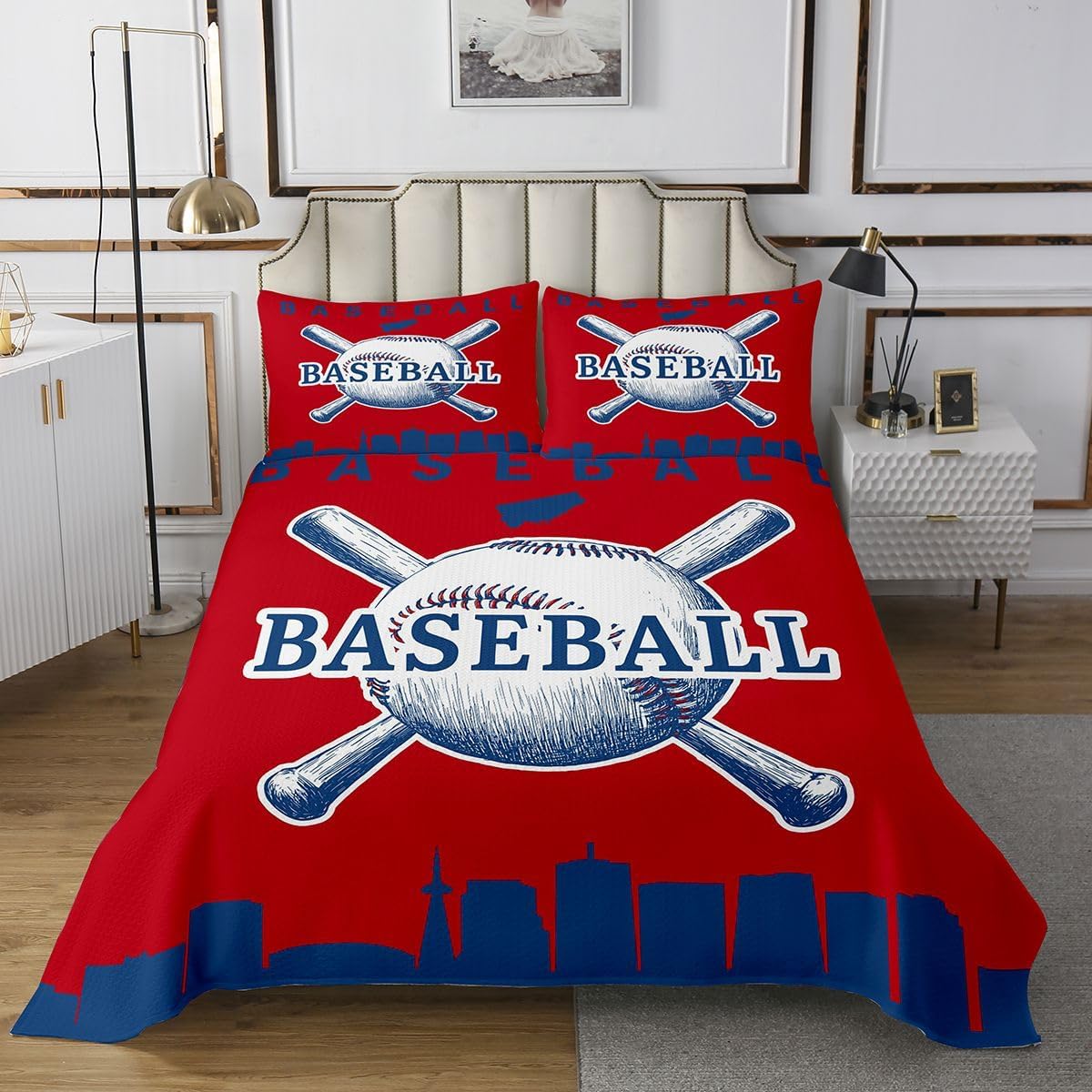 Erosebridal Baseball Coverlet Set Softball Quilt Set Queen Size Baseball City Bedspread Sets for Teens Boys Men Youth Room Decor Sports Games Bedding Set, Red Blue