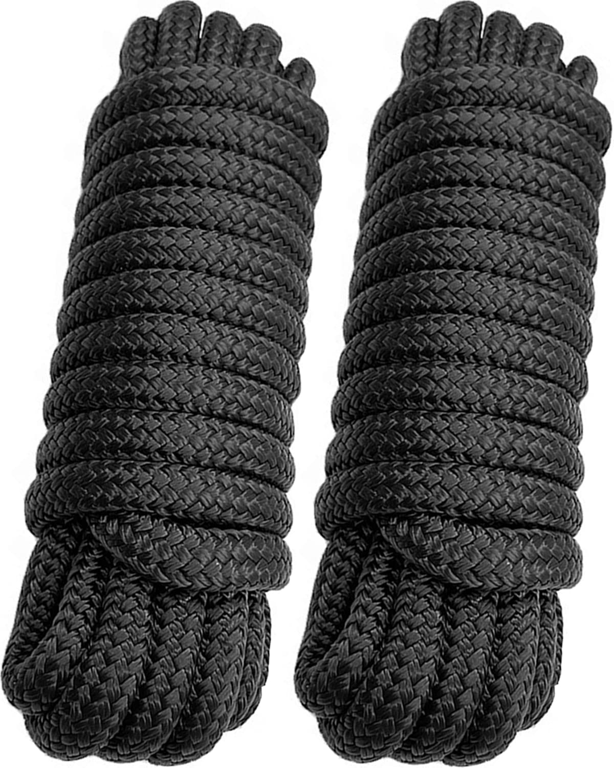 J-FM TWNTHSD3/4" x 25' Dock Lines - Double Braided Nylon Boat Dock Lines - Easy to Handle Boat Ropes for Docking Pre-Spliced with a 16" Loop - Boat Lines, High Abrasion Resistant - 2 Pack (Black)