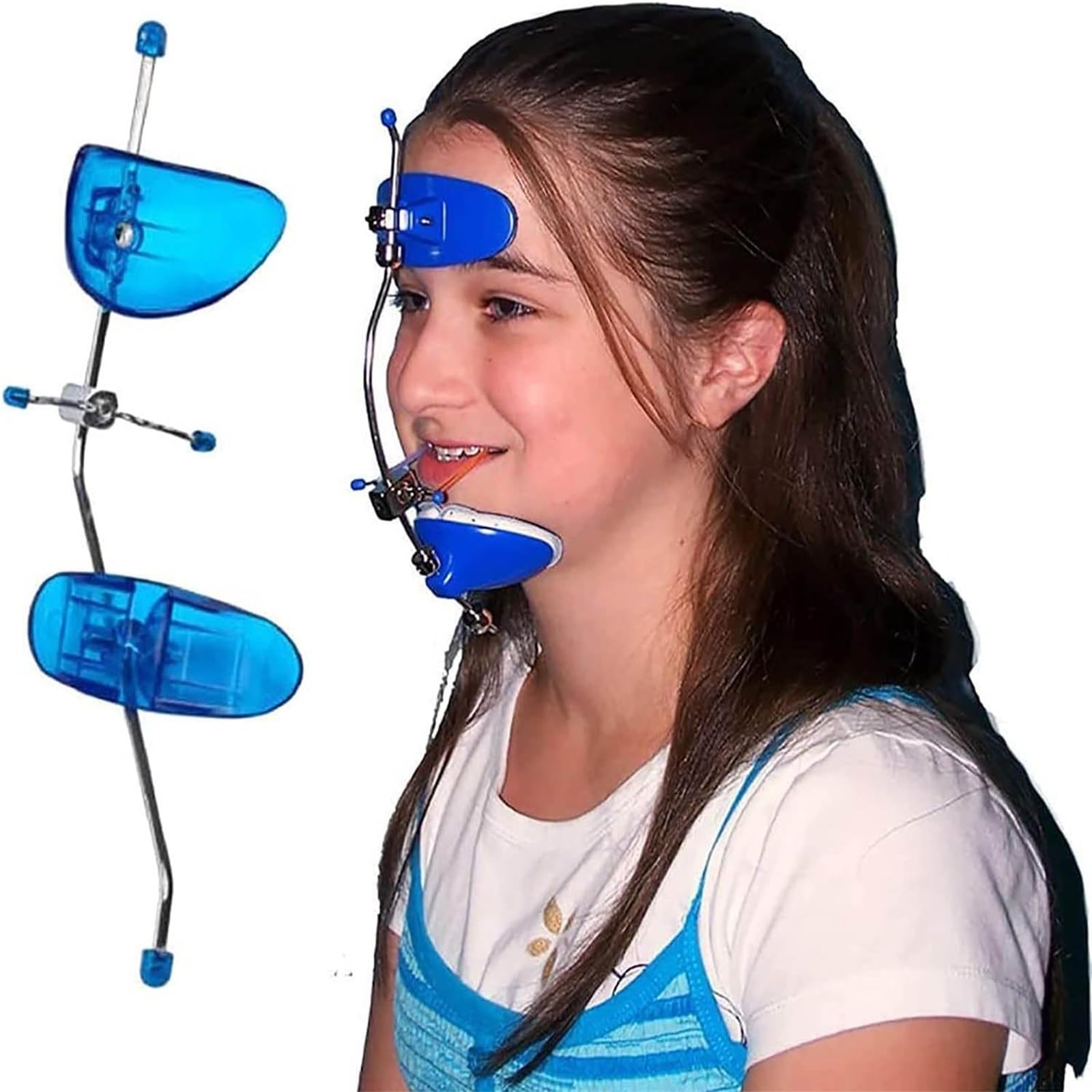 Dentales Front-Traktionsgerät, Unterbiss- und Kreuzbiss-Korrektor, kieferorthopädischer Kopfkappen-Einzelstab-einstellbarer Gesichtsbogen, for Gesichtskinnkorrektur(Blue)