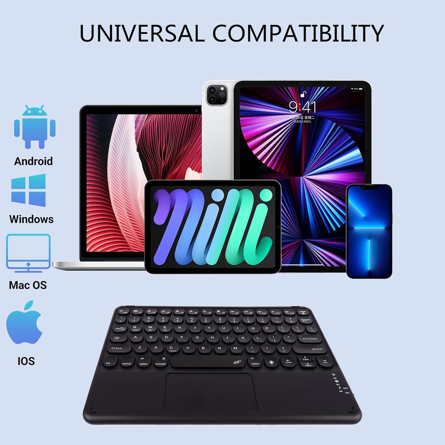 Sunffice Bluetooth Keyboard demonstrating universal compatibility with Android, Windows, Mac OS, and iOS devices.